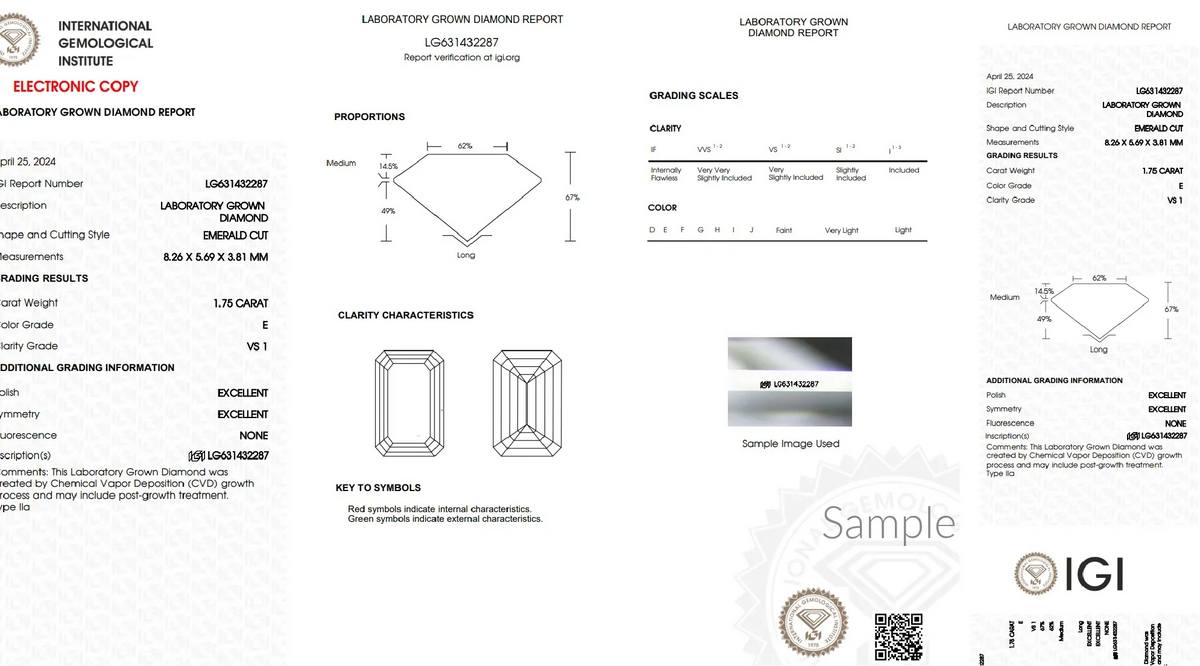 IGI diamond grading report for a 1.75 carat emerald cut lab-grown diamond, VS1 clarity, E color