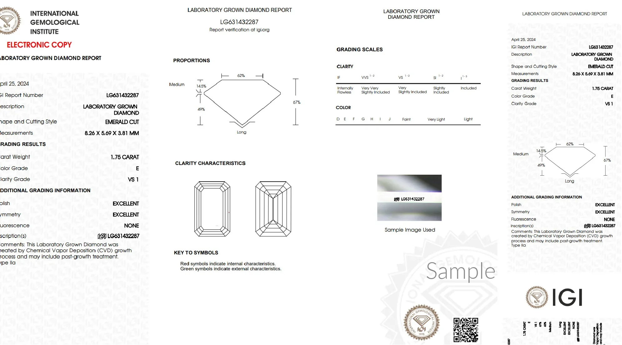 IGI diamond grading report for a 1.75 carat emerald cut lab-grown diamond, VS1 clarity, E color