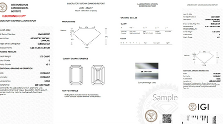 IGI diamond grading report for a 1.75 carat emerald cut lab-grown diamond, VS1 clarity, E color