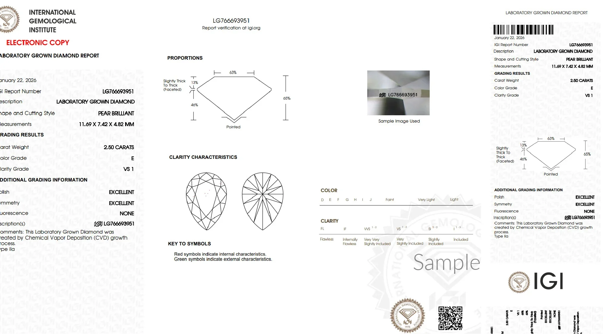 Lab-grown diamond grading report for 2.50 carat pear brilliant cut, E color, VS1 clarity