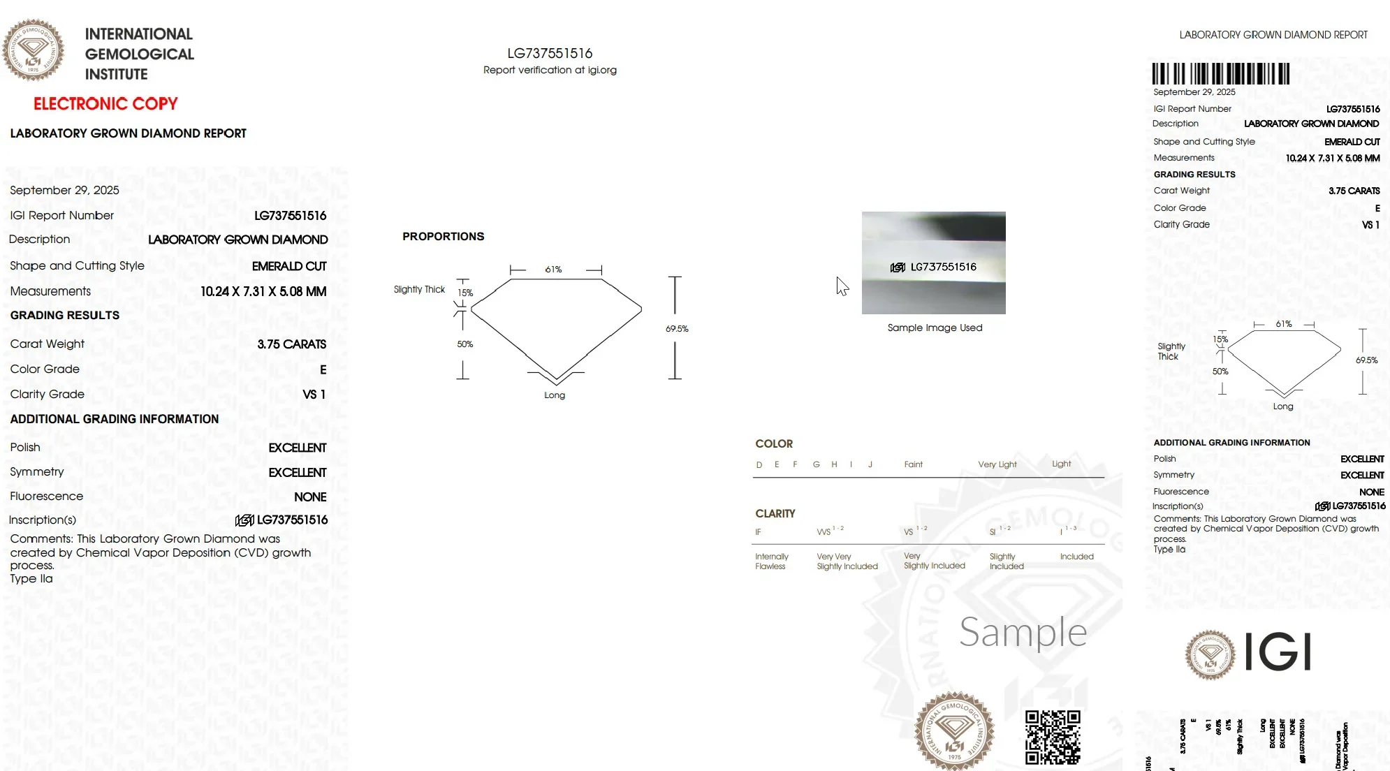 IGI laboratory grown diamond report for emerald cut, 3.75 carats, E color, VS1 clarity