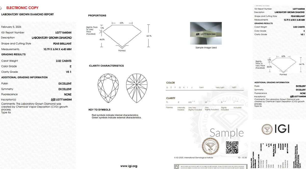 IGI laboratory grown diamond report, pear brilliant, 2.02 carats, E color, VS1 clarity