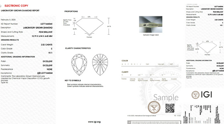 IGI laboratory grown diamond report, pear brilliant, 2.02 carats, E color, VS1 clarity