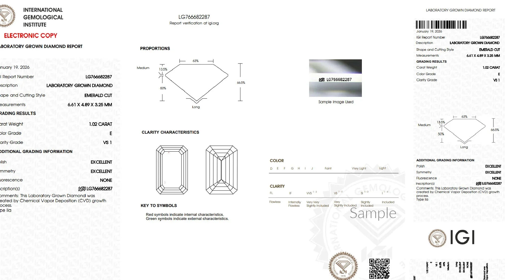 Emerald cut lab-grown diamond grading report with carat, color, clarity, proportions, IGI certification