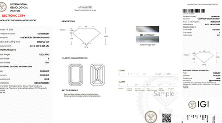 Emerald cut lab-grown diamond grading report with carat, color, clarity, proportions, IGI certification