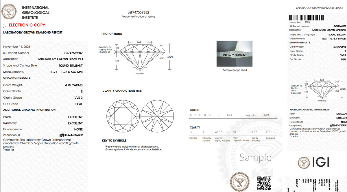 IGI lab grown diamond grading report for 4.75 carat round brilliant, VVS2, E color