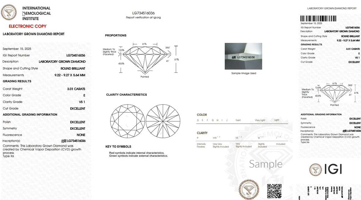 IGI laboratory grown diamond report showing 3.01 carat round brilliant, E color, VS1 clarity, excellent cut.