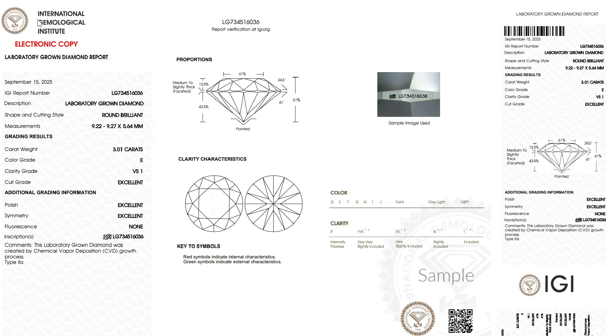IGI laboratory grown diamond report showing 3.01 carat round brilliant, E color, VS1 clarity, excellent cut.