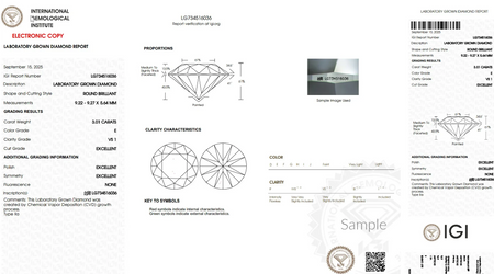 IGI laboratory grown diamond report showing 3.01 carat round brilliant, E color, VS1 clarity, excellent cut.