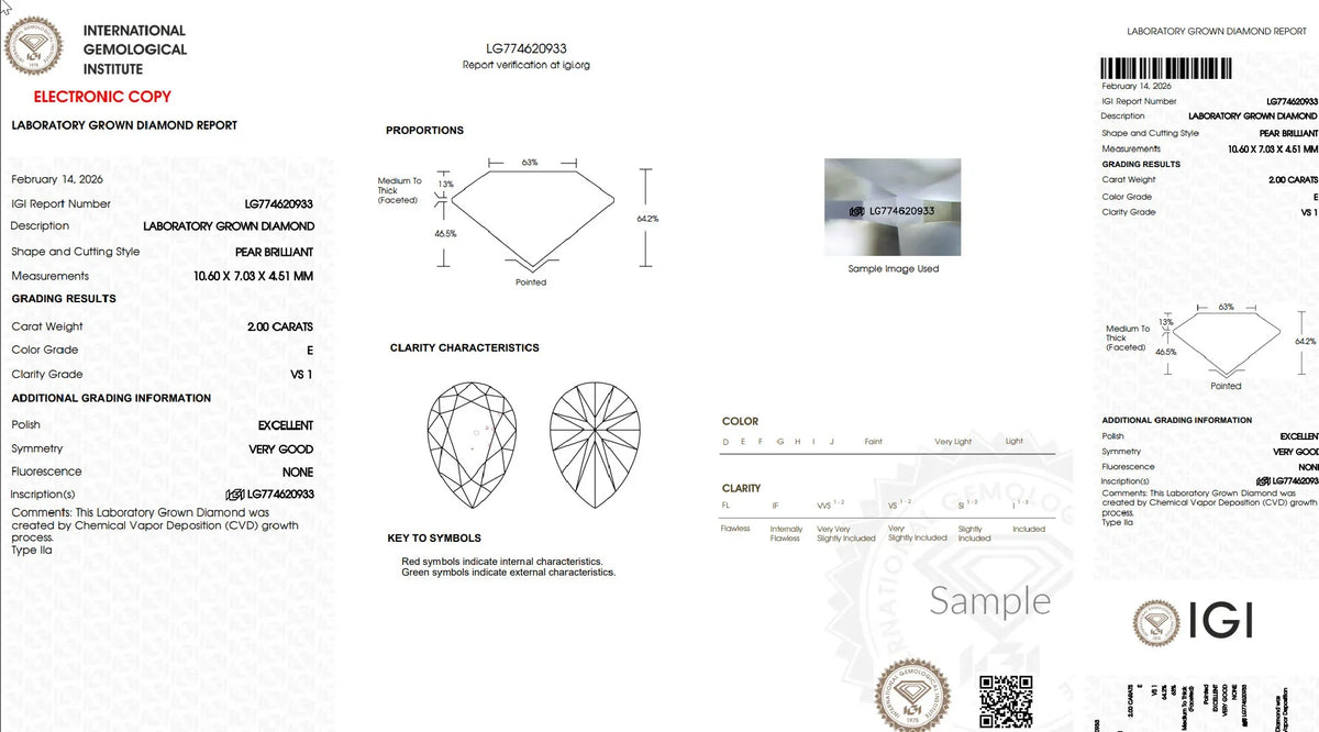 IGI laboratory grown diamond report for 2 carat pear brilliant, E color, VS1 clarity