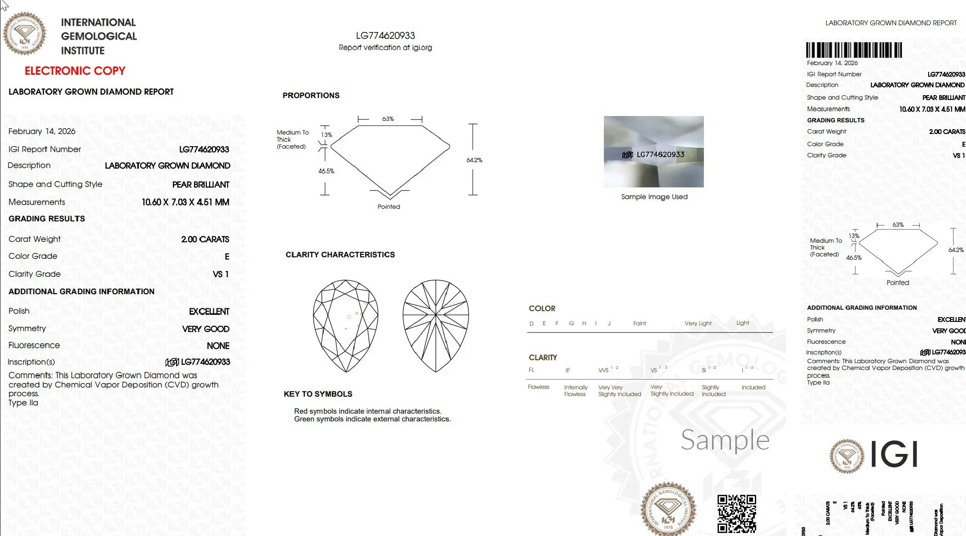 IGI laboratory grown diamond report for 2 carat pear brilliant, E color, VS1 clarity