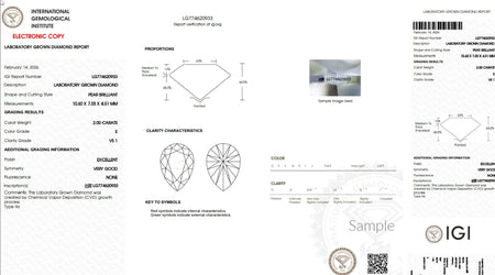 IGI laboratory grown diamond report for 2 carat pear brilliant, E color, VS1 clarity