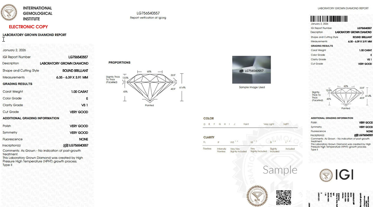 IGI laboratory grown diamond report with specs for 1 carat round brilliant diamond, color E, clarity VS1, very good cut.