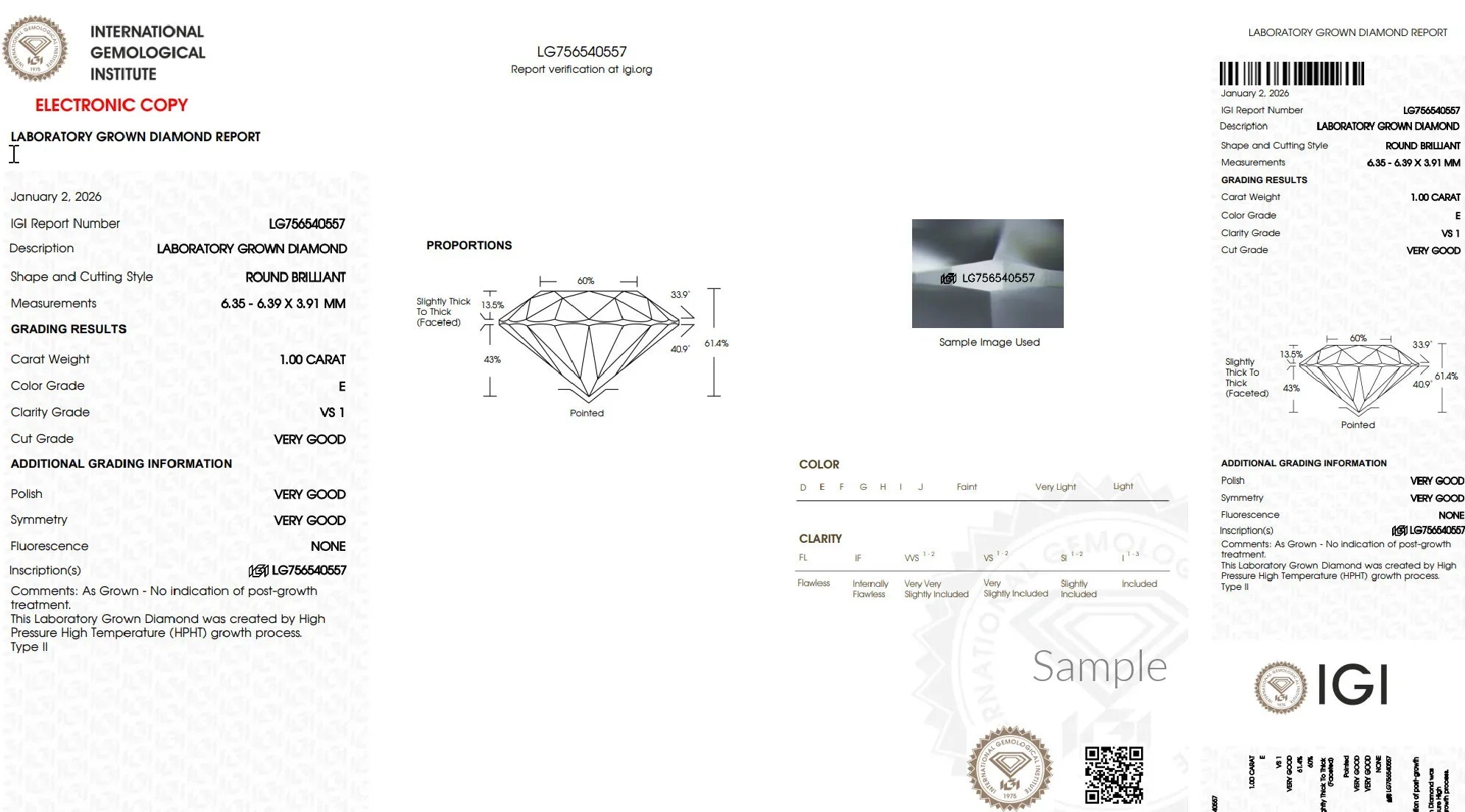 IGI laboratory grown diamond report with specs for 1 carat round brilliant diamond, color E, clarity VS1, very good cut.