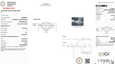 IGI laboratory grown diamond report with specs for 1 carat round brilliant diamond, color E, clarity VS1, very good cut.