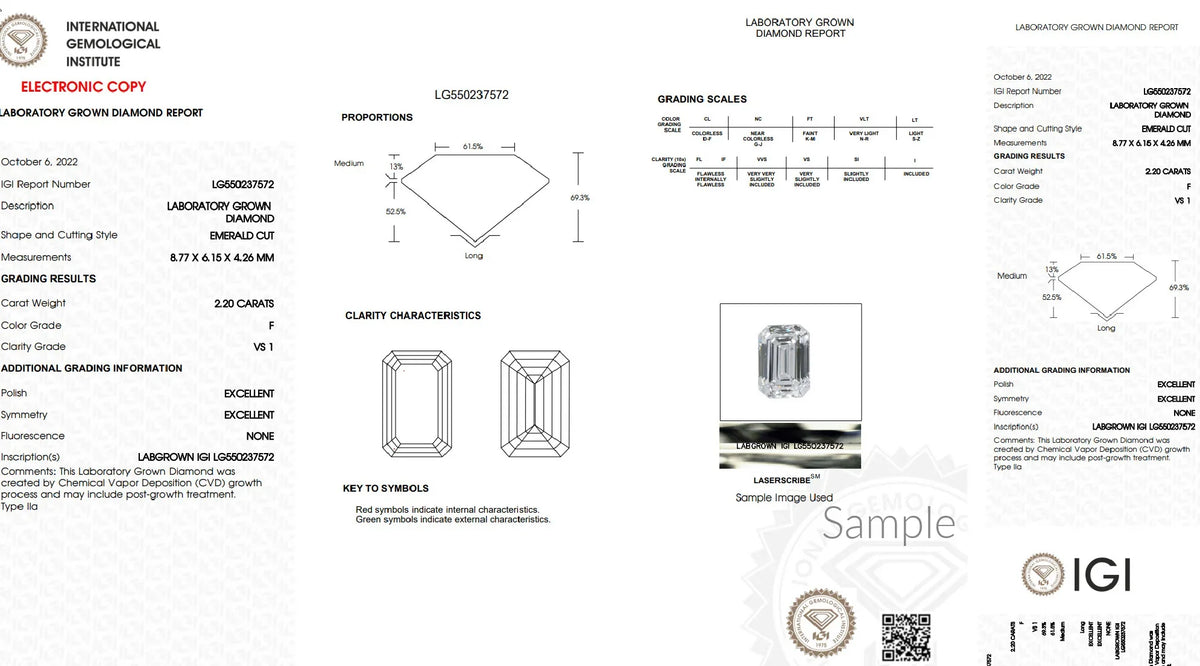 IGI lab grown diamond report for emerald cut, 2.20 carats, F color, VS1 clarity