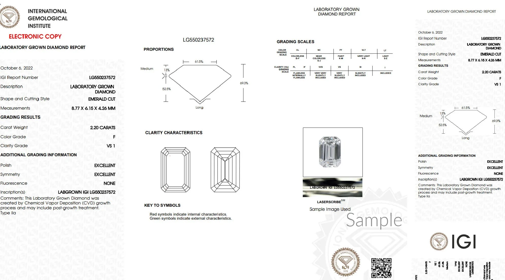 IGI lab grown diamond report for emerald cut, 2.20 carats, F color, VS1 clarity