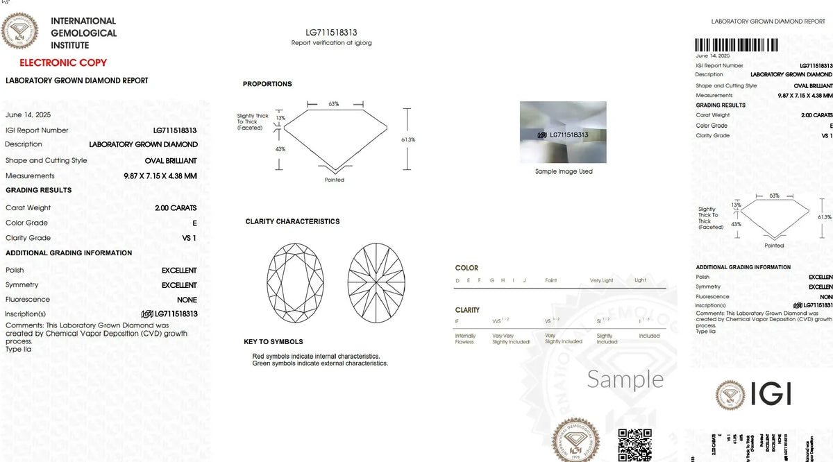 IGI lab grown diamond certification report for 2 carat oval brilliant, clarity VS1, color E