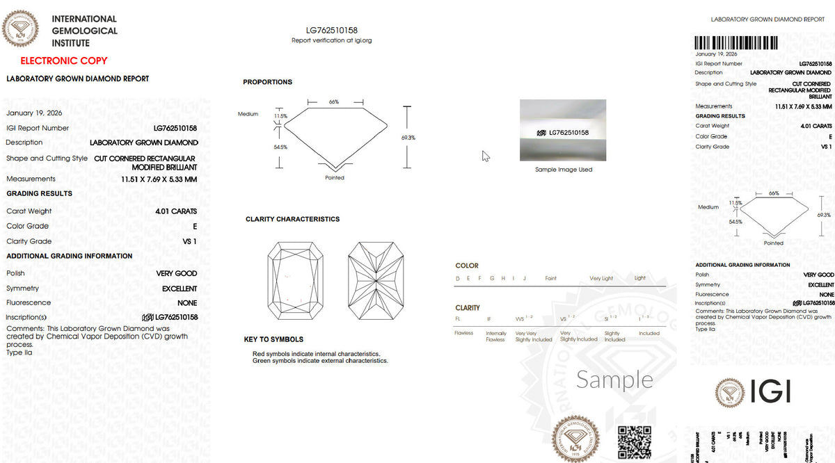 Lab grown diamond certificate showing 4.01 carat, E color, VS1 clarity, rectangular cut details