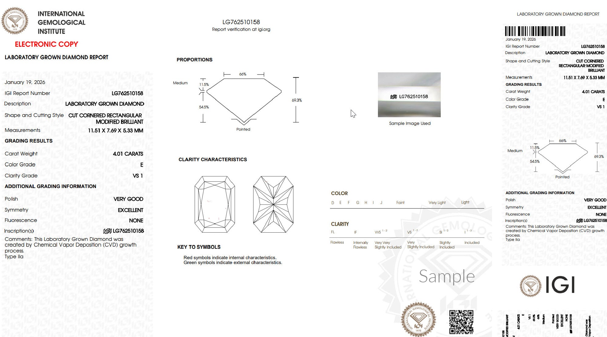 Lab grown diamond certificate showing 4.01 carat, E color, VS1 clarity, rectangular cut details