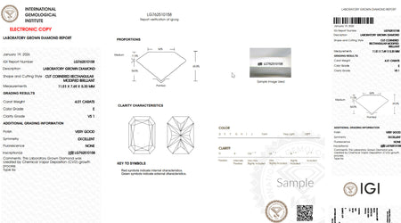 Lab grown diamond certificate showing 4.01 carat, E color, VS1 clarity, rectangular cut details