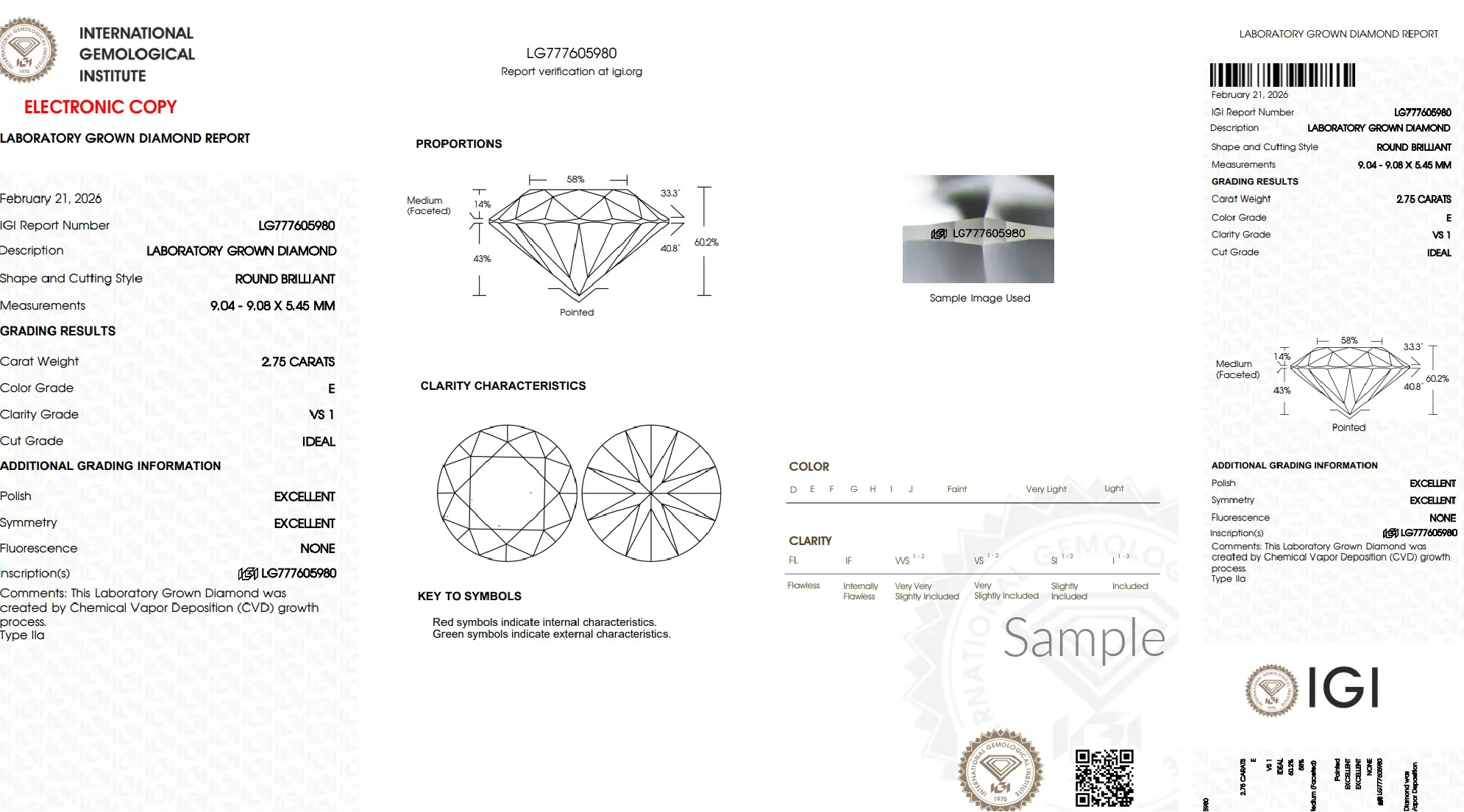 IGI lab grown diamond grading report for round brilliant, 2.75 carats, E color, VS1 clarity