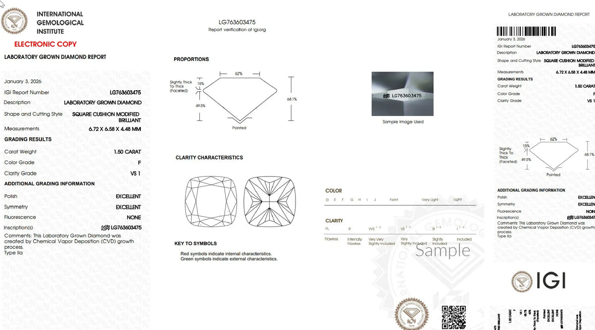 Laboratory grown diamond report showing quality grading, proportions, and clarity chart for a 1.50 carat square cushion modified brilliant diamond.