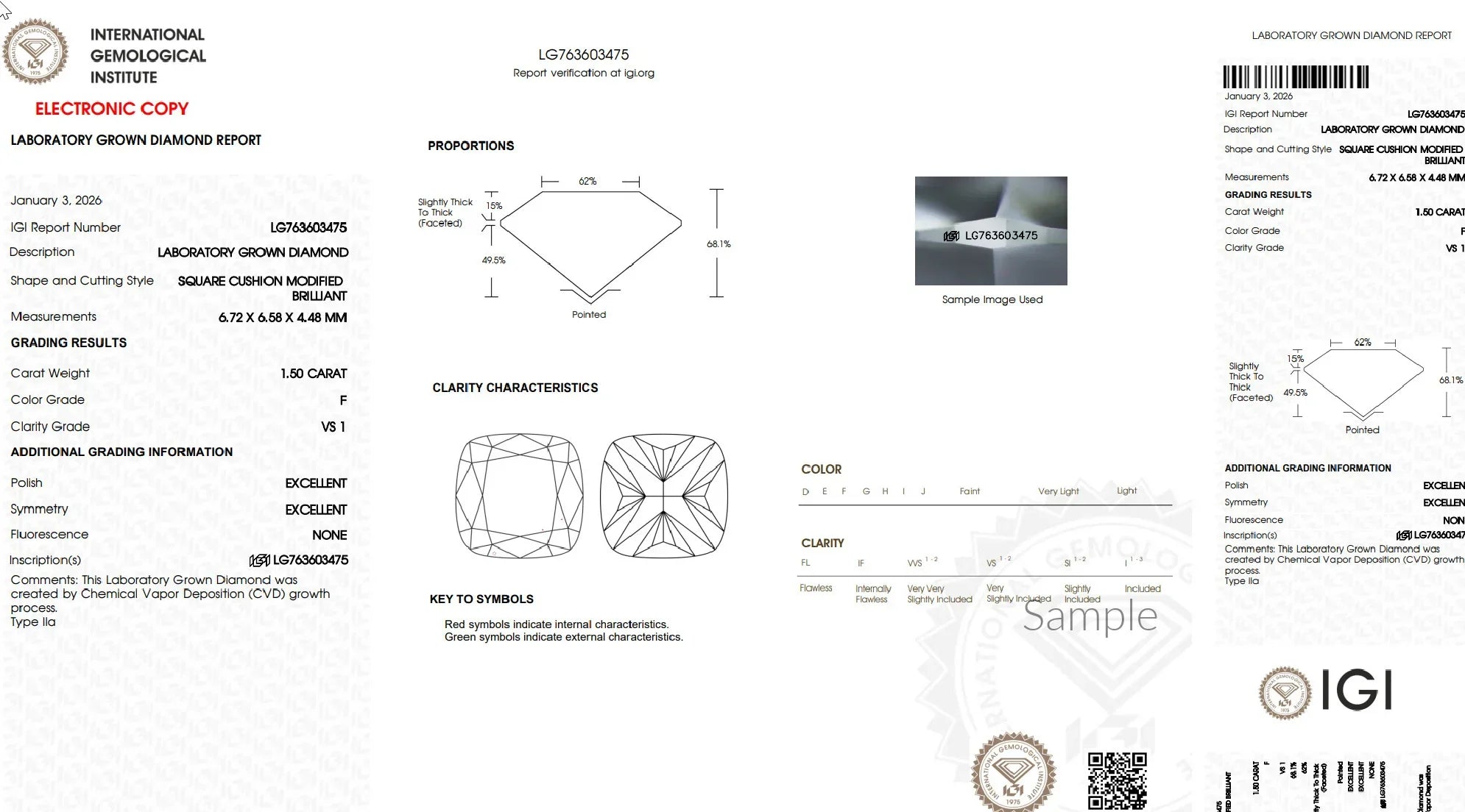 Laboratory grown diamond report showing quality grading, proportions, and clarity chart for a 1.50 carat square cushion modified brilliant diamond.