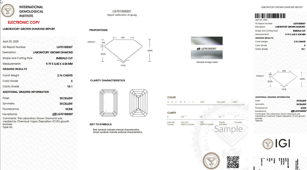IGI lab grown diamond report for emerald cut, 2.76 carats, E color, VS1 clarity, CVD process