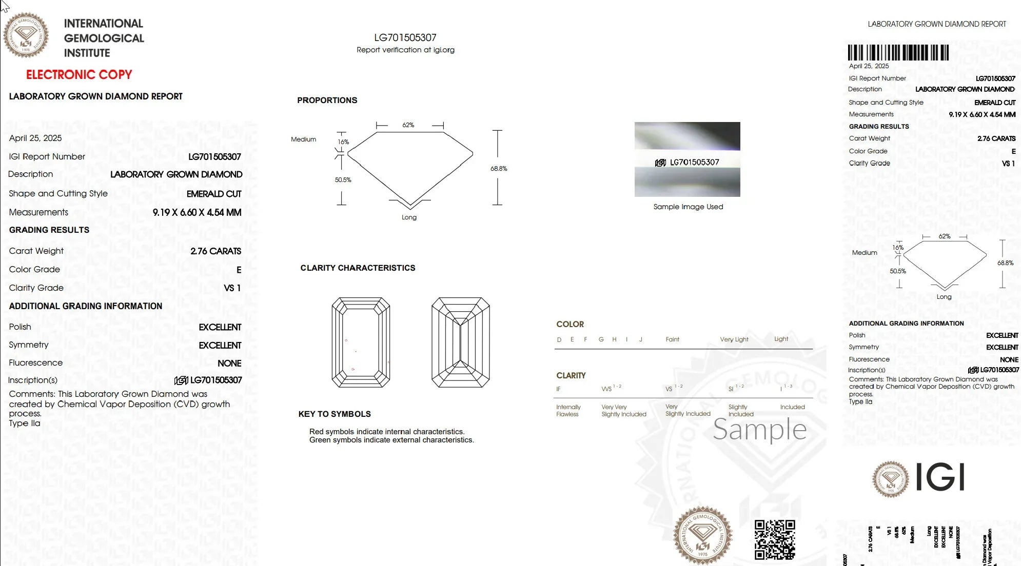 IGI lab grown diamond report for emerald cut, 2.76 carats, E color, VS1 clarity, CVD process