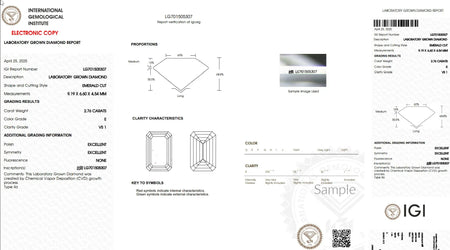 IGI lab grown diamond report for emerald cut, 2.76 carats, E color, VS1 clarity, CVD process