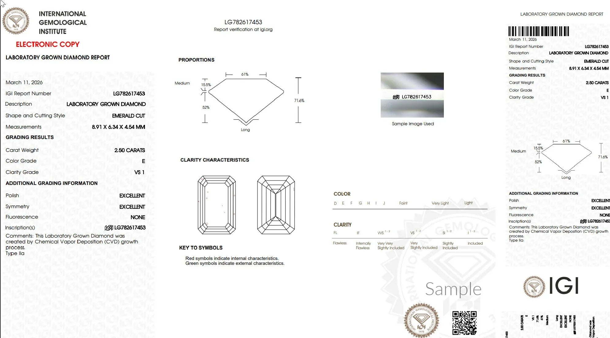 Laboratory grown diamond grading report for 2.5 carat emerald cut, color E, clarity VS1.