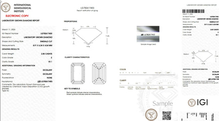 Laboratory grown diamond grading report for 2.5 carat emerald cut, color E, clarity VS1.