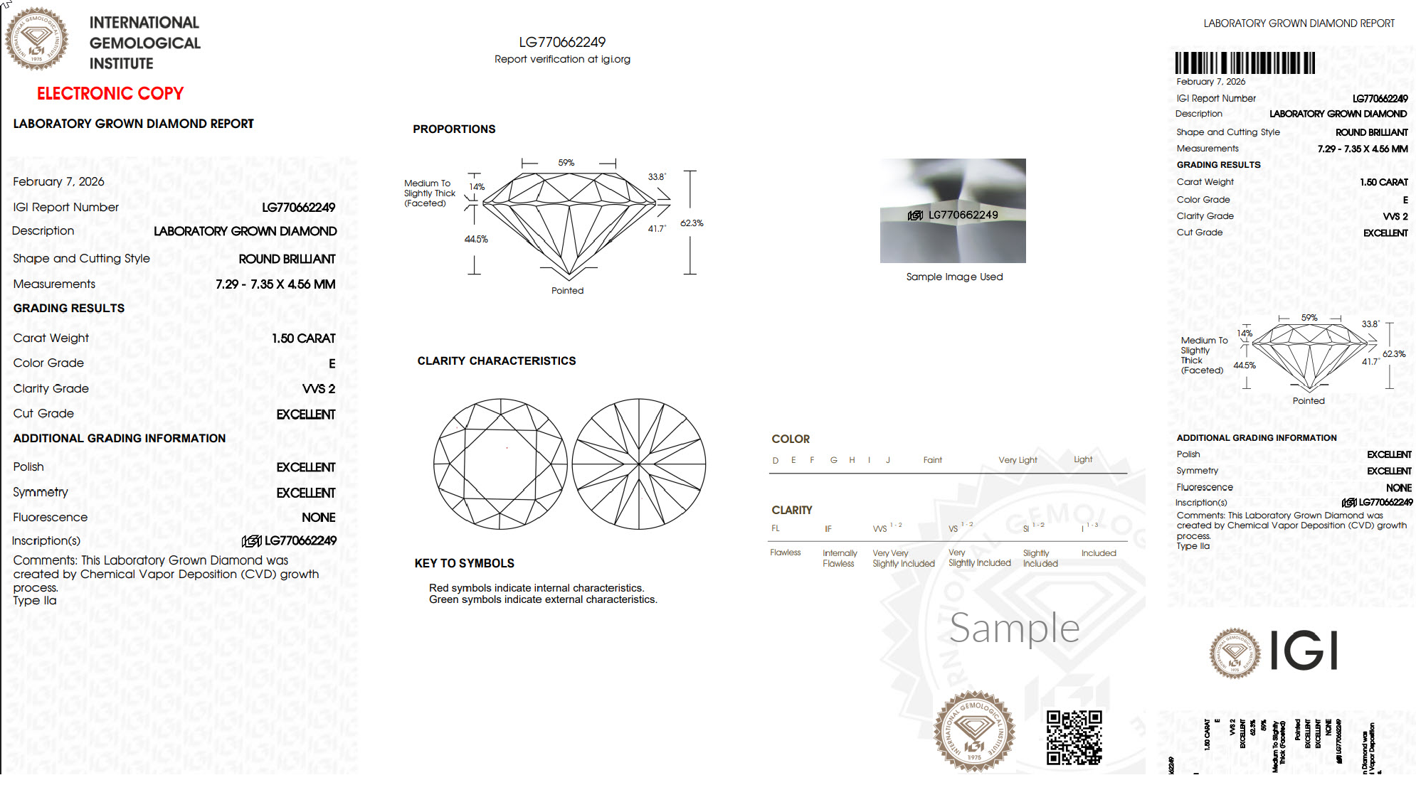 Laboratory grown diamond report with grading details, proportions, clarity and certification diagram.