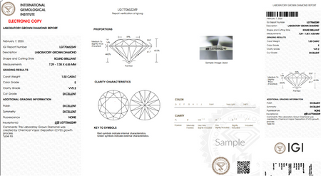 Laboratory grown diamond report with grading details, proportions, clarity and certification diagram.