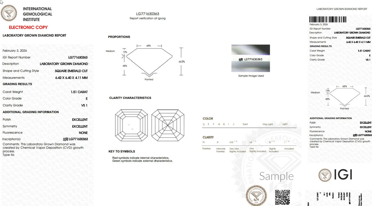 IGI lab grown diamond report showing 1.51 carat square emerald cut, E color, VS1 clarity.