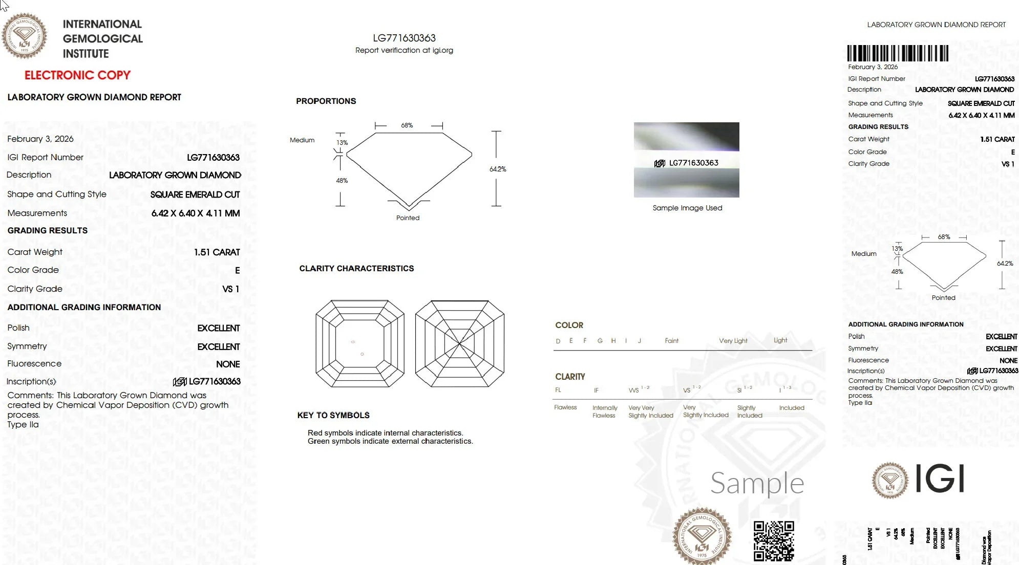 IGI lab grown diamond report showing 1.51 carat square emerald cut, E color, VS1 clarity.