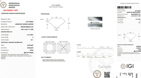 IGI lab grown diamond report showing 1.51 carat square emerald cut, E color, VS1 clarity.