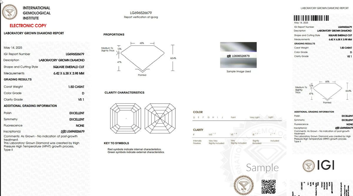Laboratory grown diamond report for 1.50 carat square emerald cut, D color, VS1 clarity