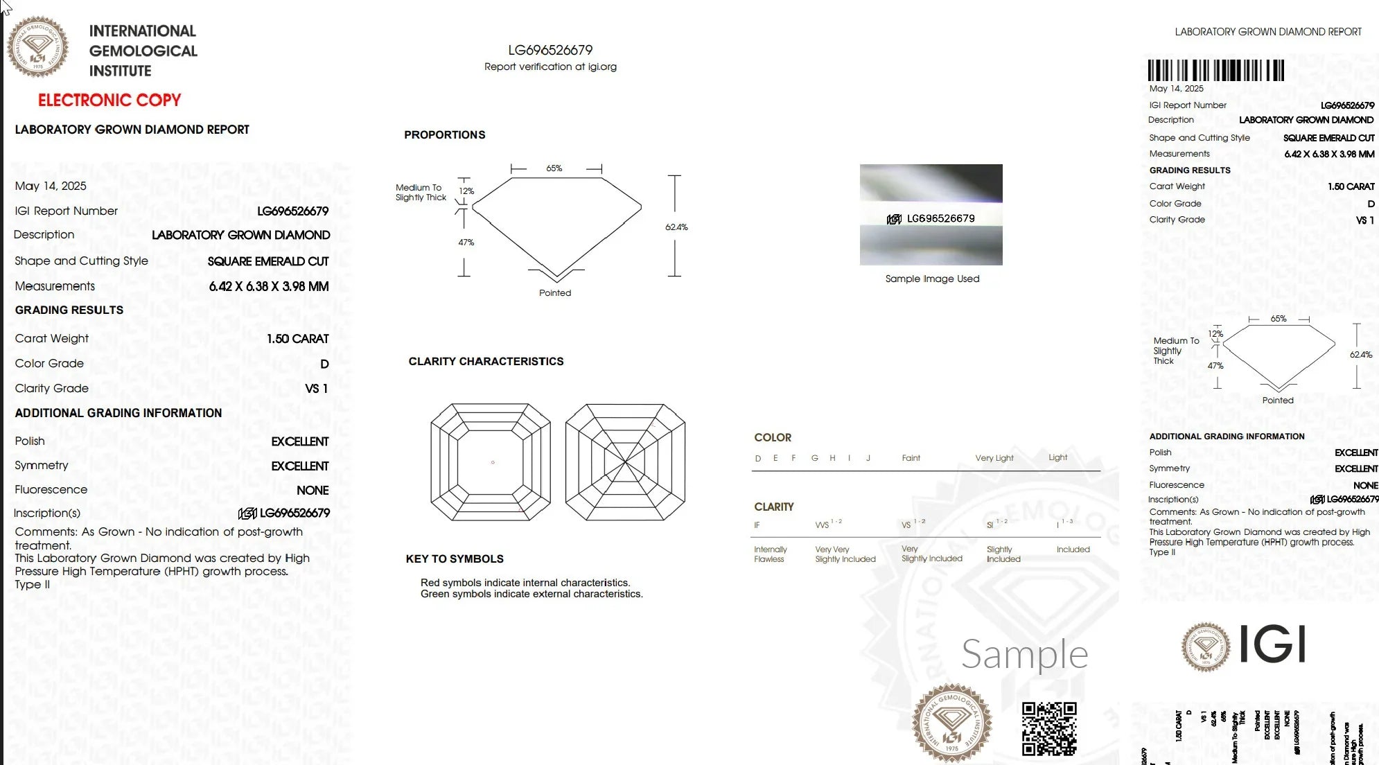 Laboratory grown diamond report for 1.50 carat square emerald cut, D color, VS1 clarity