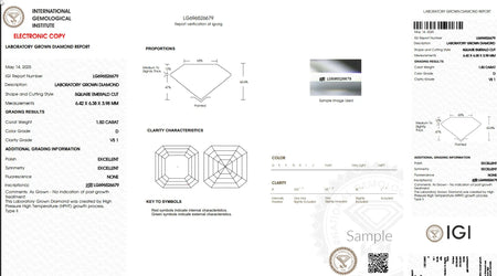Laboratory grown diamond report for 1.50 carat square emerald cut, D color, VS1 clarity