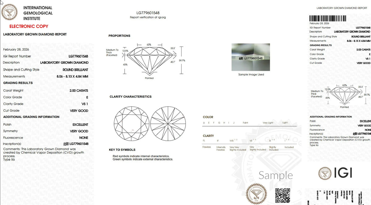 Lab grown diamond grading report showing round brilliant cut, 2.00 carats, color E, clarity VS1.