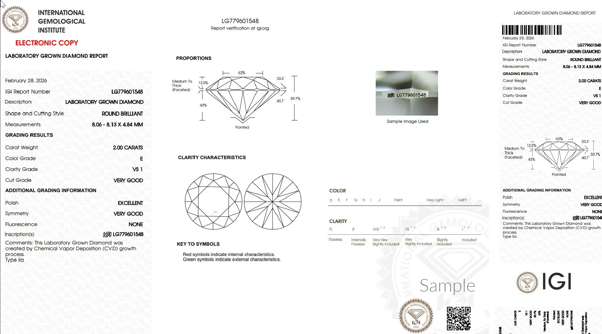 Lab grown diamond grading report showing round brilliant cut, 2.00 carats, color E, clarity VS1.