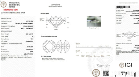 Lab grown diamond grading report showing round brilliant cut, 2.00 carats, color E, clarity VS1.