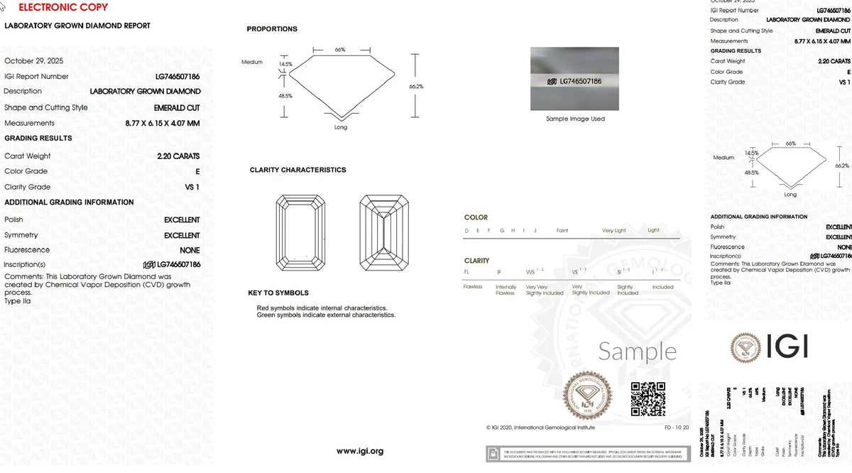 IGI laboratory grown diamond grading report for 2.20 carat emerald cut diamond, VS1 clarity, E color.