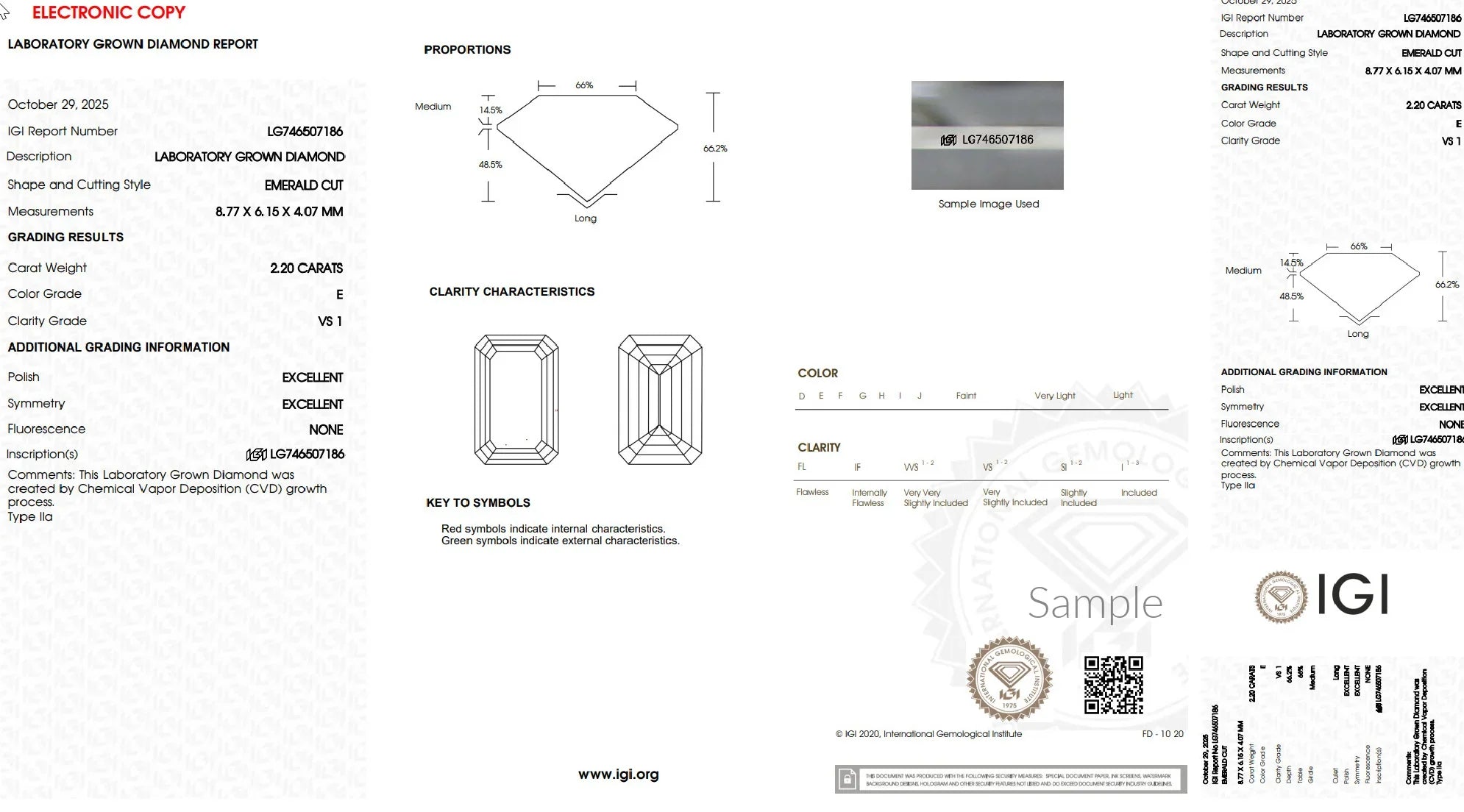 IGI laboratory grown diamond grading report for 2.20 carat emerald cut diamond, VS1 clarity, E color.