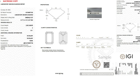 IGI laboratory grown diamond grading report for 2.20 carat emerald cut diamond, VS1 clarity, E color.