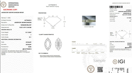 IGI lab grown diamond grading report for marquise brilliant, 1.51 carat, F color, VS1 clarity