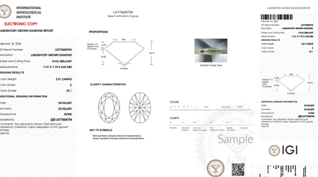 Lab grown oval brilliant diamond grading report, 2.51 carats, E color, VS1 clarity