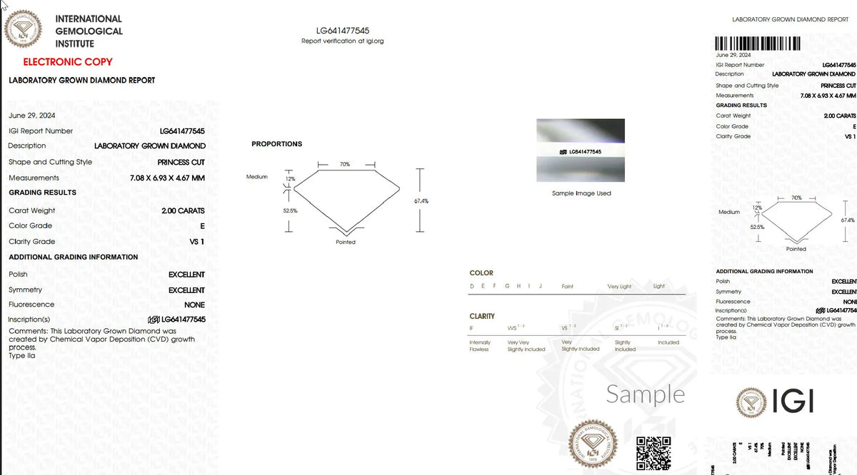Laboratory grown diamond report showing 2 carat princess cut diamond specs and IGI grading